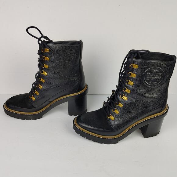 Tory Burch Miller 95mm Lug Sole Lace Up Bootie Black Hiking Boot Size 9.5 - Picture 2 of 14